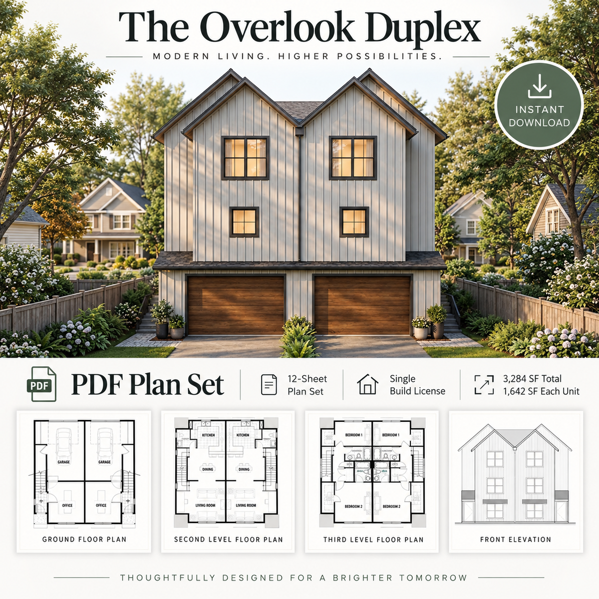 The Overlook Duplex – 3-Story, 2-Bedroom Modern Duplex House Plan - New!