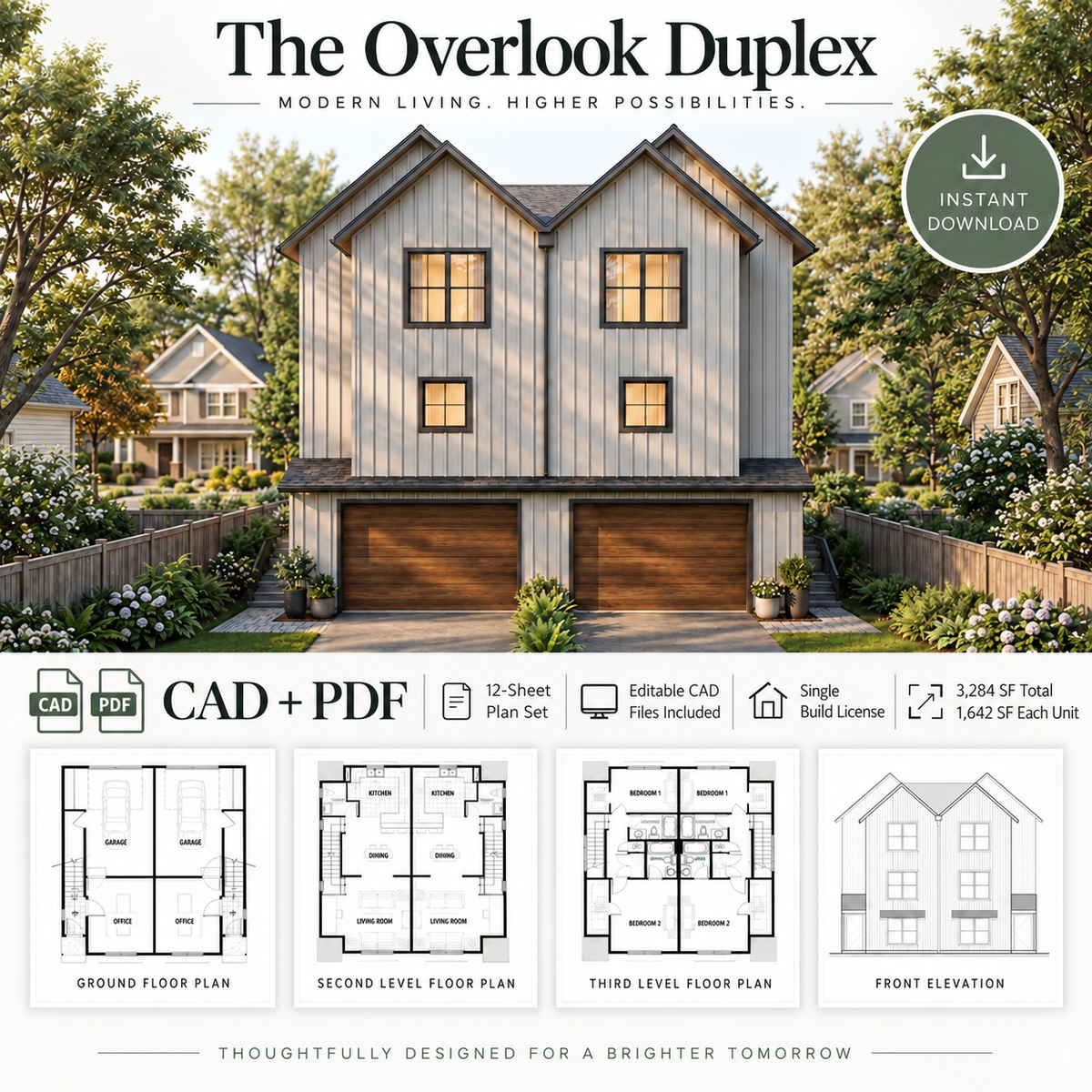 The Overlook Duplex – 3-Story, 2-Bedroom Modern Duplex House Plan - New!