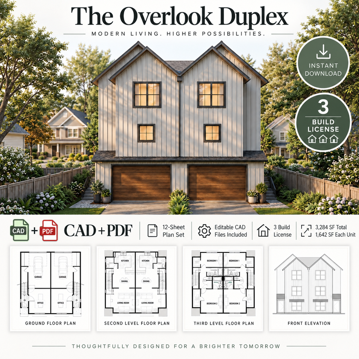 The Overlook Duplex – 3-Story, 2-Bedroom Modern Duplex House Plan - New!